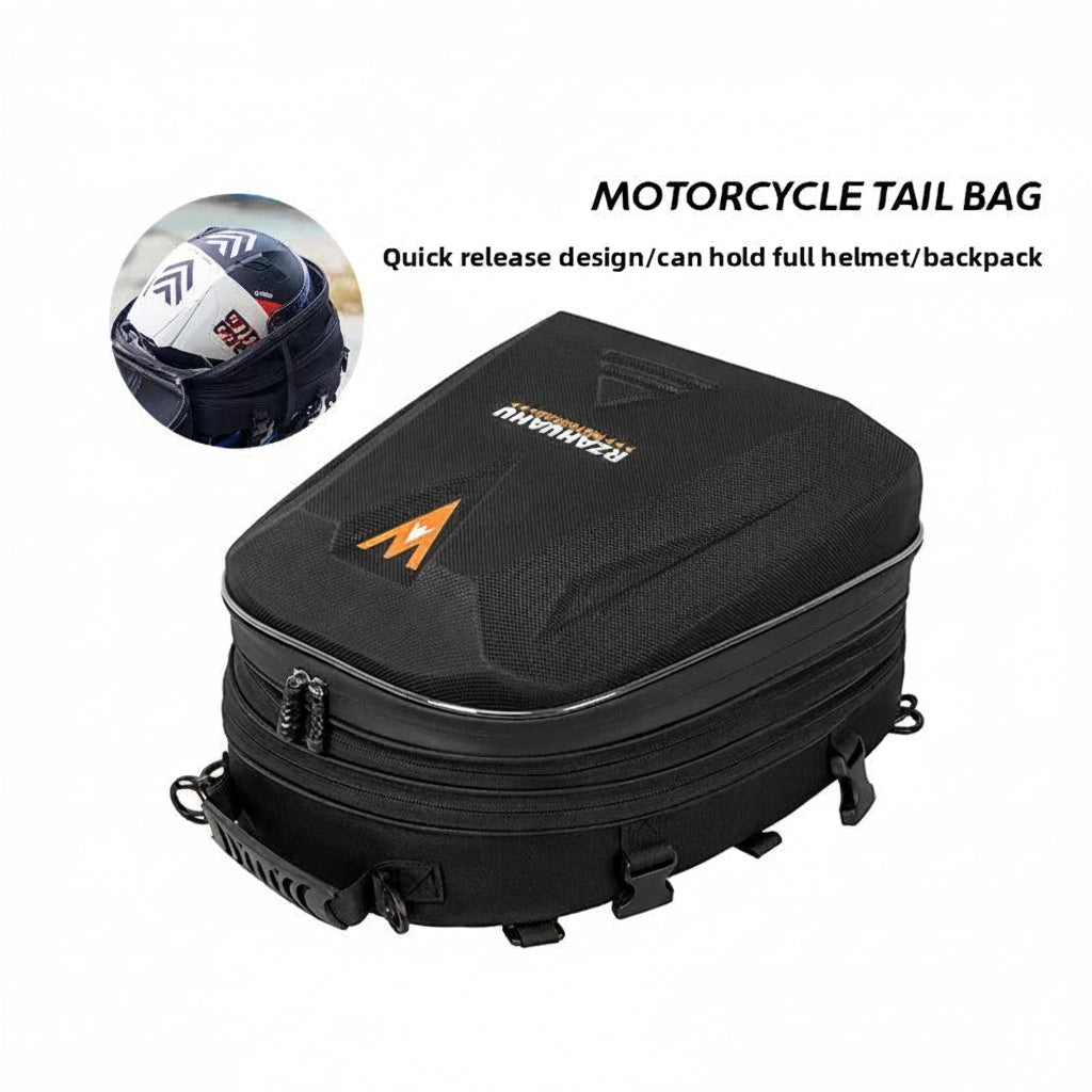 Motorcycle tail bag with quick release design and full helmet capacity