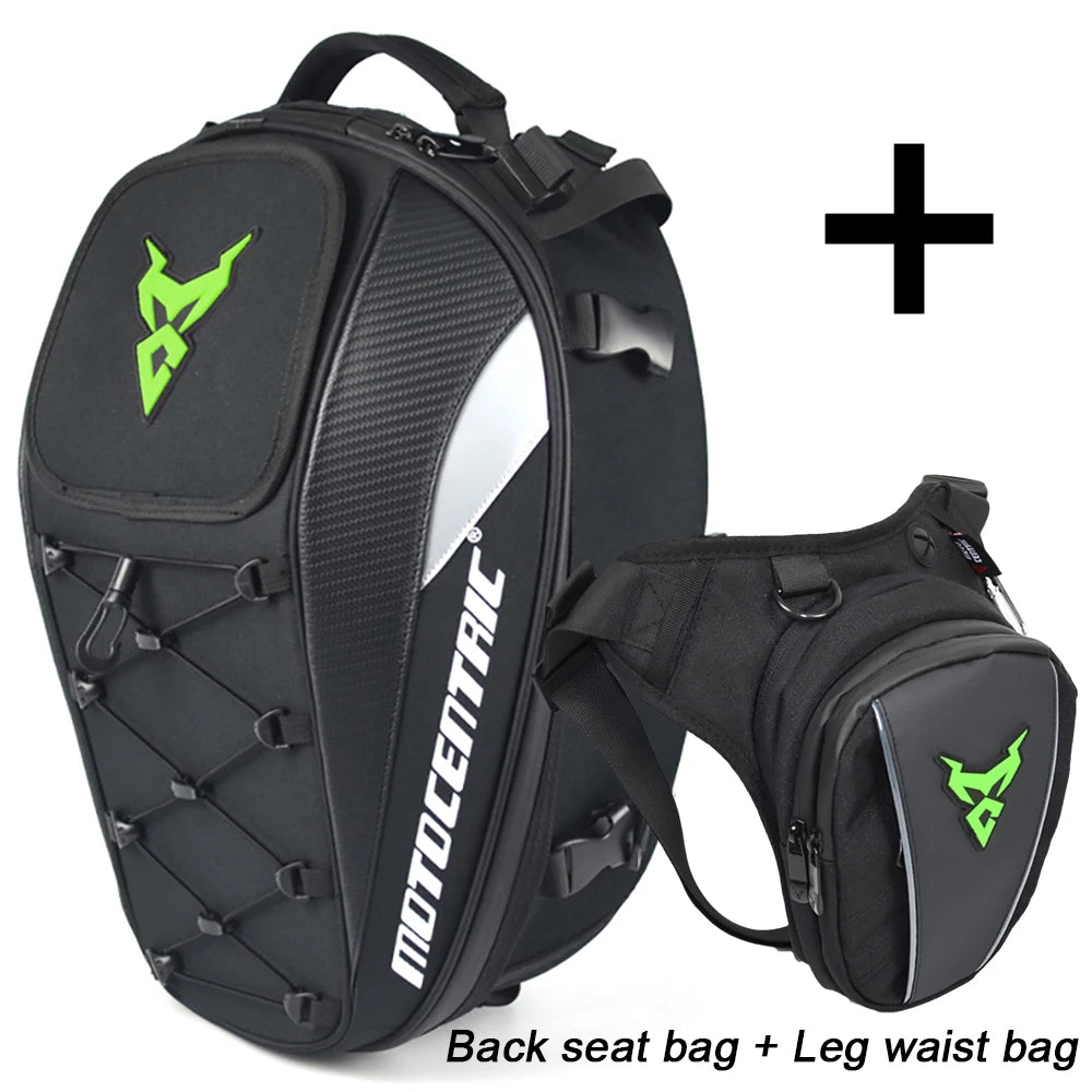 Motocentric motorcycle tail bag and leg waist bag combo set green