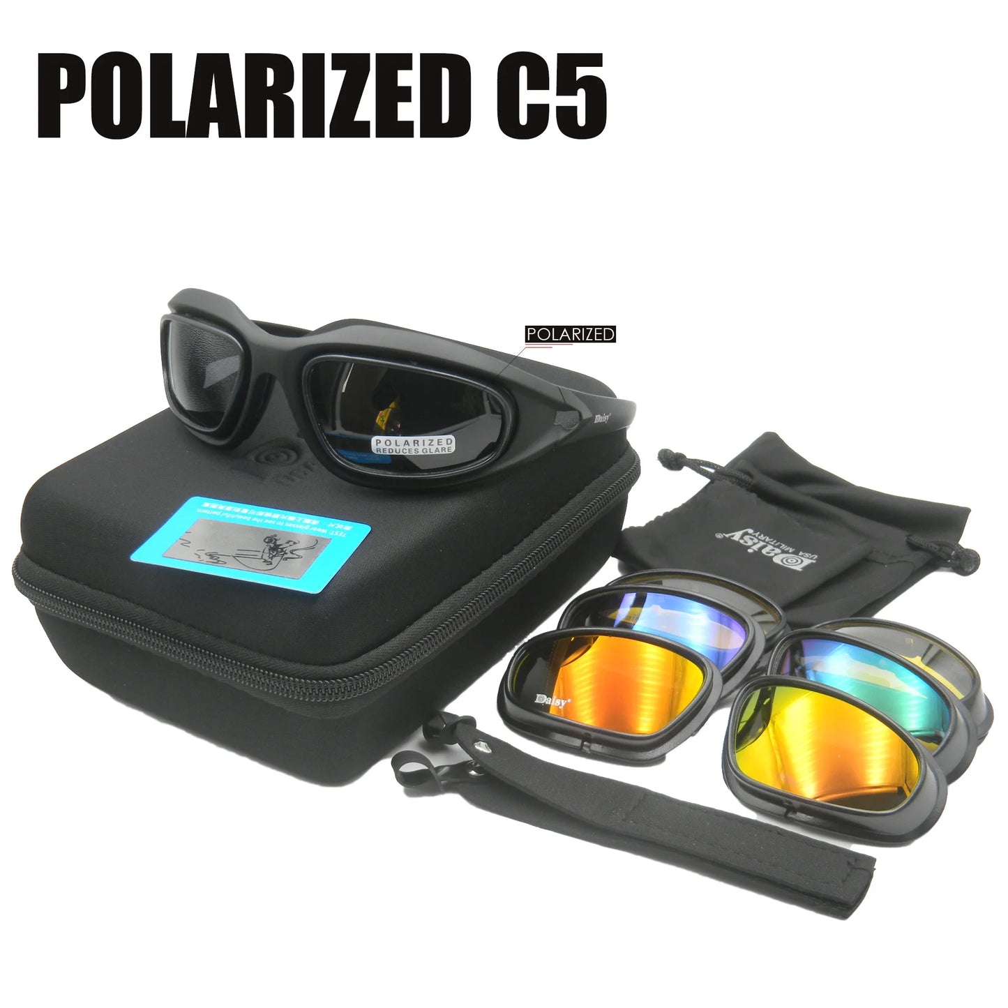 Motorcycle tactical polarized sunglasses C5 with case and colored replacement lenses