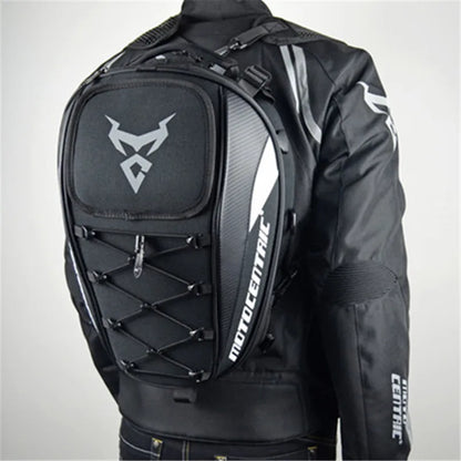 Motocentric motorcycle tail bag worn as backpack on rider