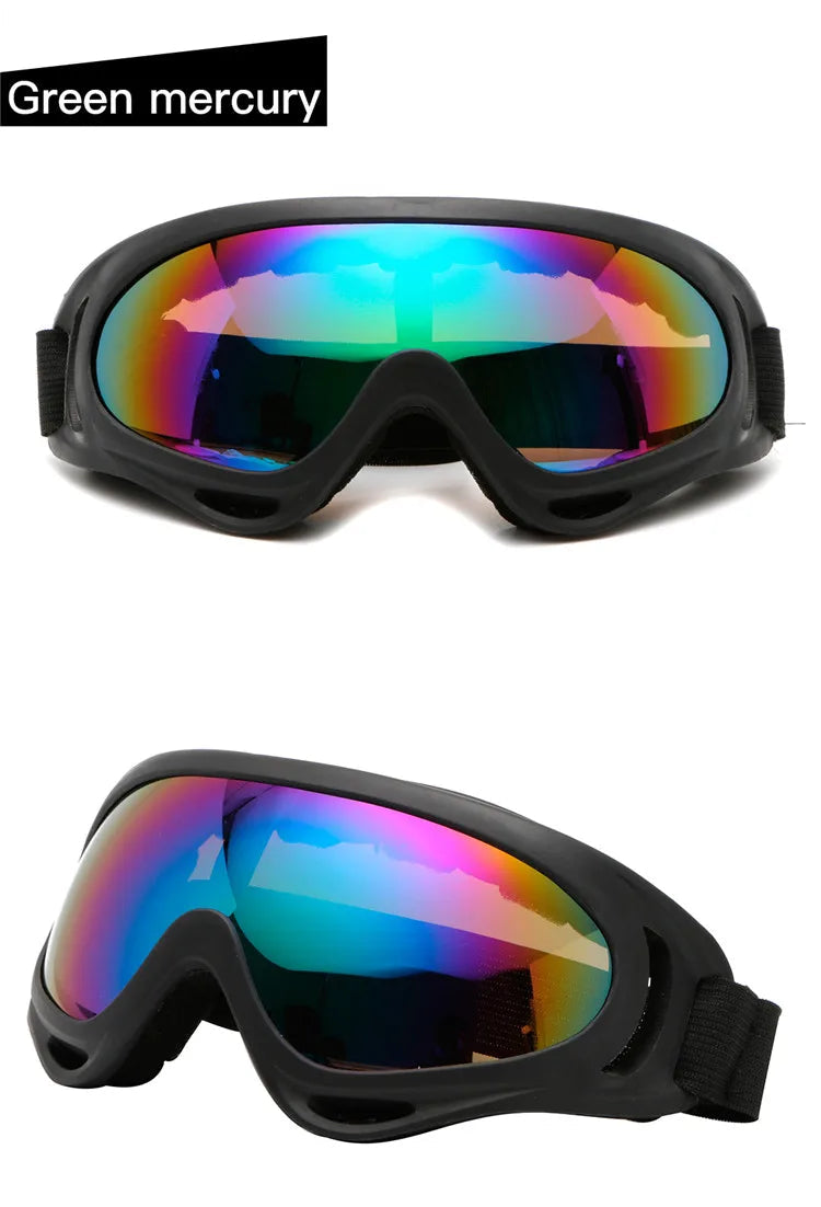 Motorcycle goggles green mercury iridescent lens two angles