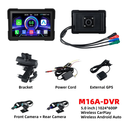 Motorcycle GPS M16A-DVR 5 inch CarPlay Android Auto with front rear cameras and GPS