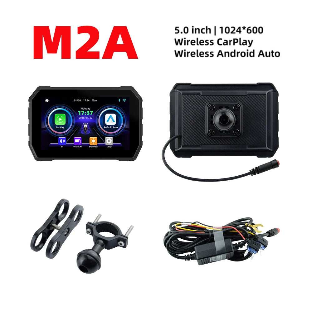 Motorcycle GPS M2A 5 inch CarPlay Android Auto with mount and cables