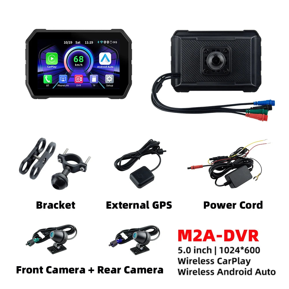 Motorcycle GPS M2A-DVR 5 inch CarPlay Android Auto with front rear cameras and GPS