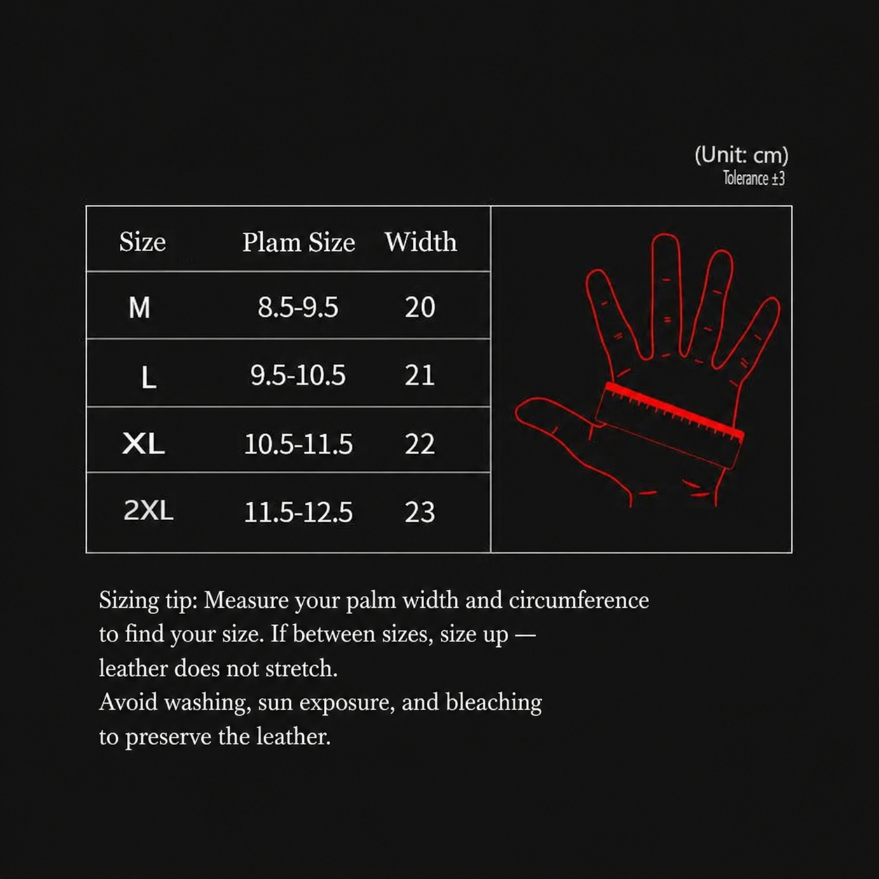 Motorcycle gloves size chart palm width M L XL 2XL centimeters