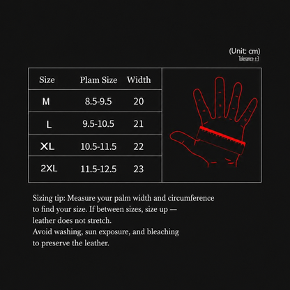 Motorcycle gloves size chart palm width M L XL 2XL centimeters