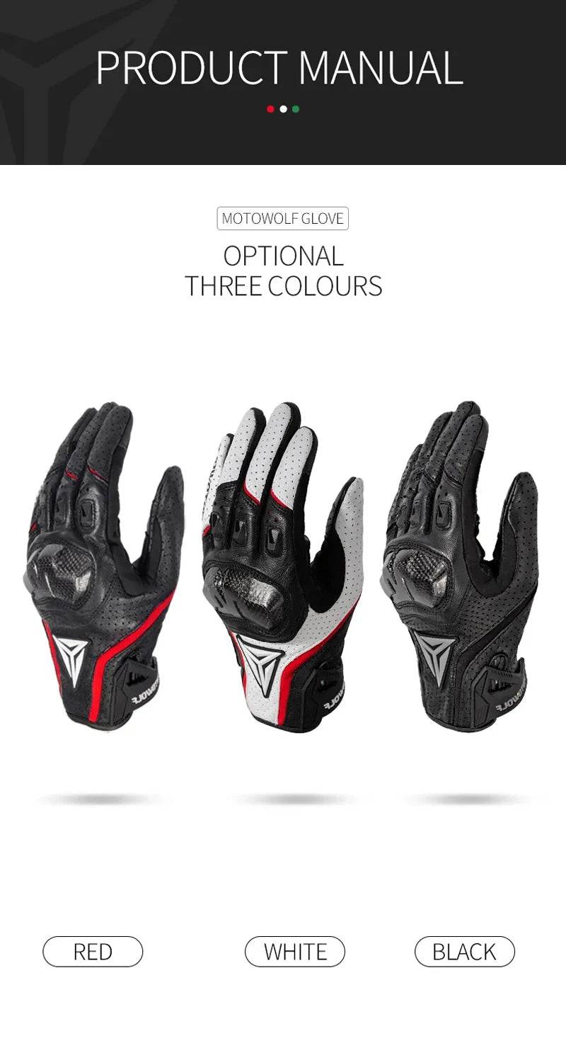 Motorcycle gloves three color options red white black Motowolf