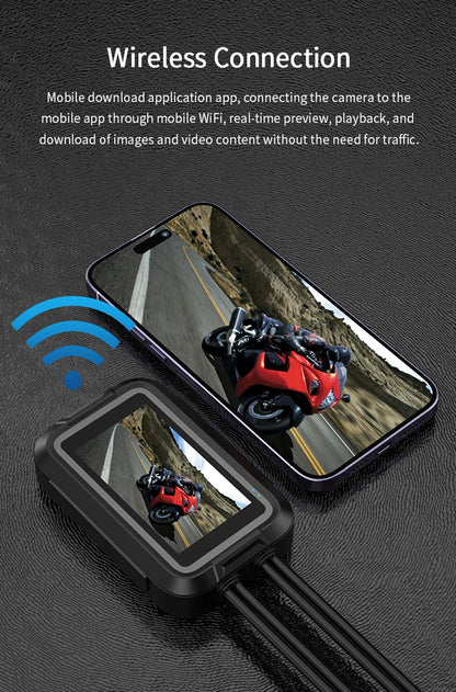 Motorcycle dash cam wireless WiFi connection to mobile app for video playback