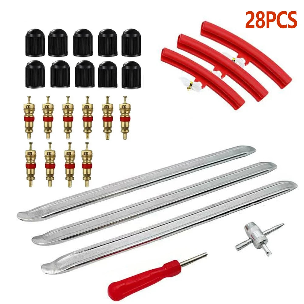 Motorcycle tire lever 28 piece set with rim protectors valve stems and caps