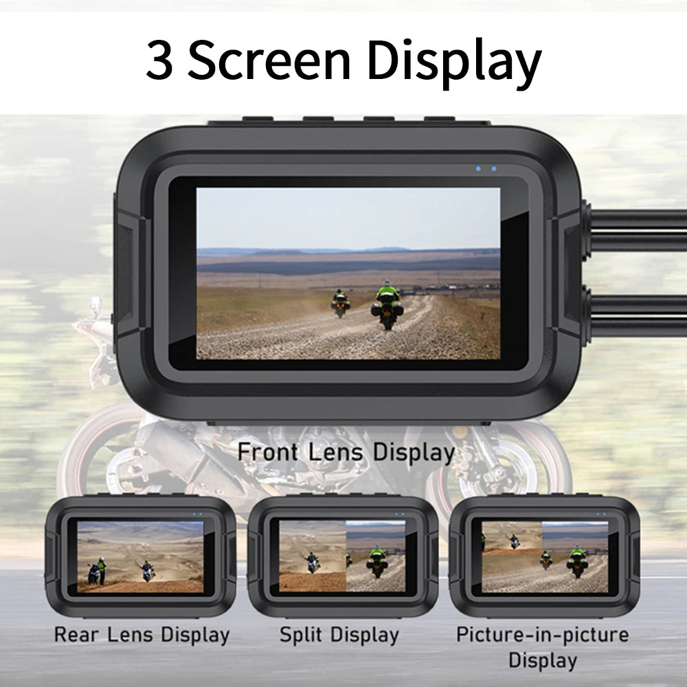 Motorcycle dash cam 3 display modes front rear split and picture in picture
