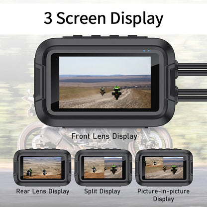 Motorcycle dash cam 3 display modes front rear split and picture in picture