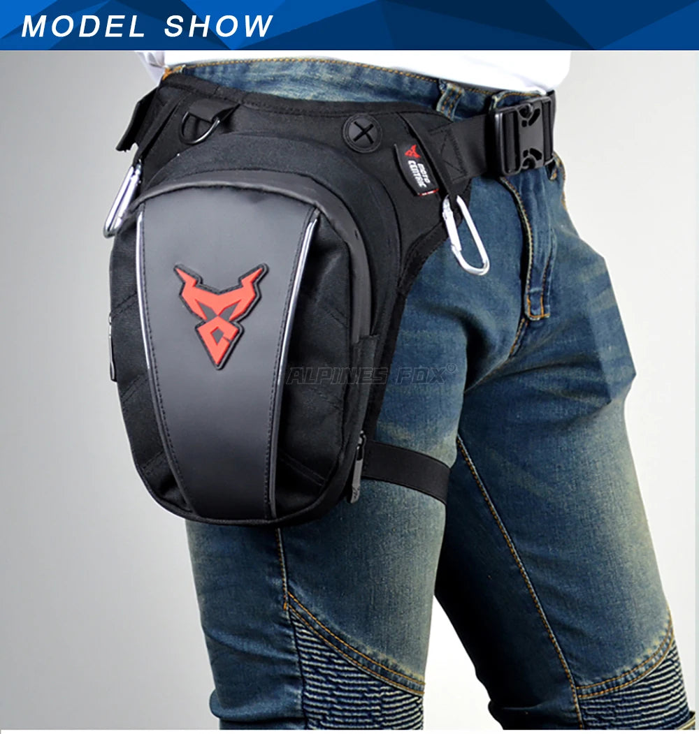 Motocentric leg bag worn on thigh over motorcycle jeans