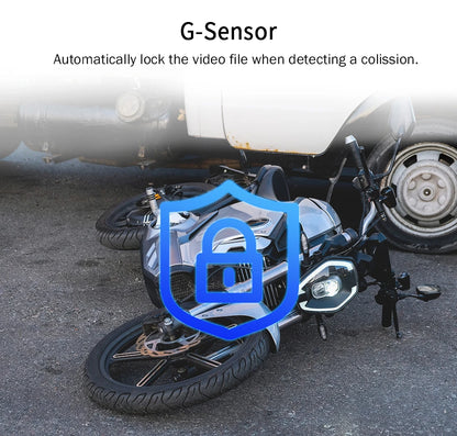 Motorcycle dash cam G-sensor automatic video lock on collision detection