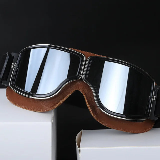 Retro motorcycle goggles brown frame with silver mirror lens