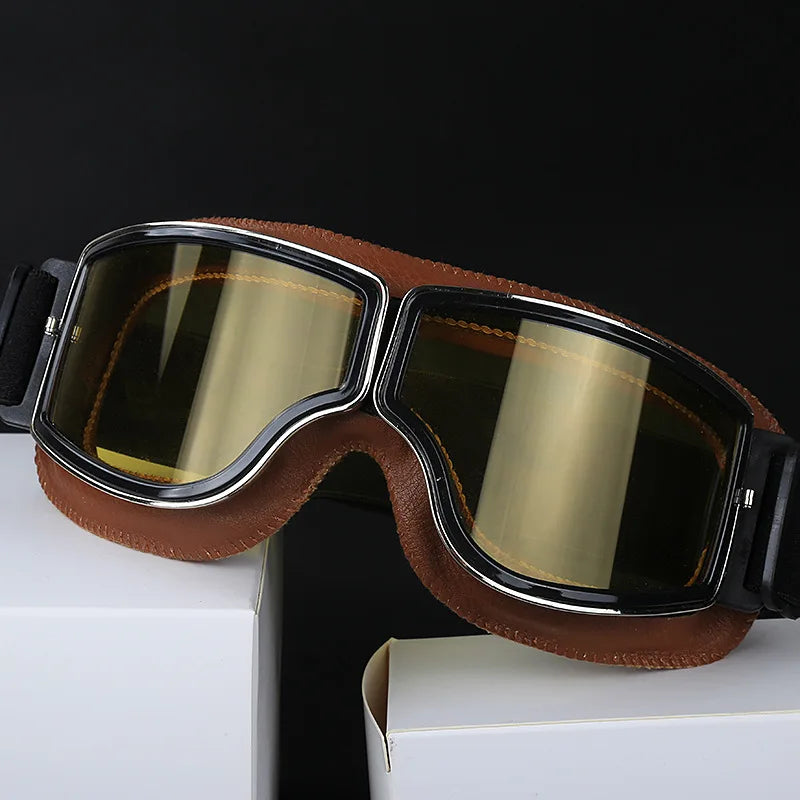 Retro motorcycle goggles brown frame with yellow gold lens