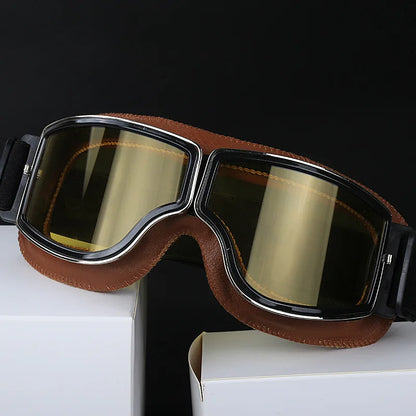 Retro motorcycle goggles brown frame with yellow gold lens