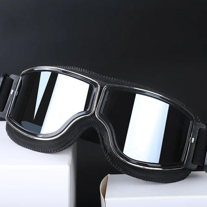 Retro motorcycle goggles black frame with silver mirror lens