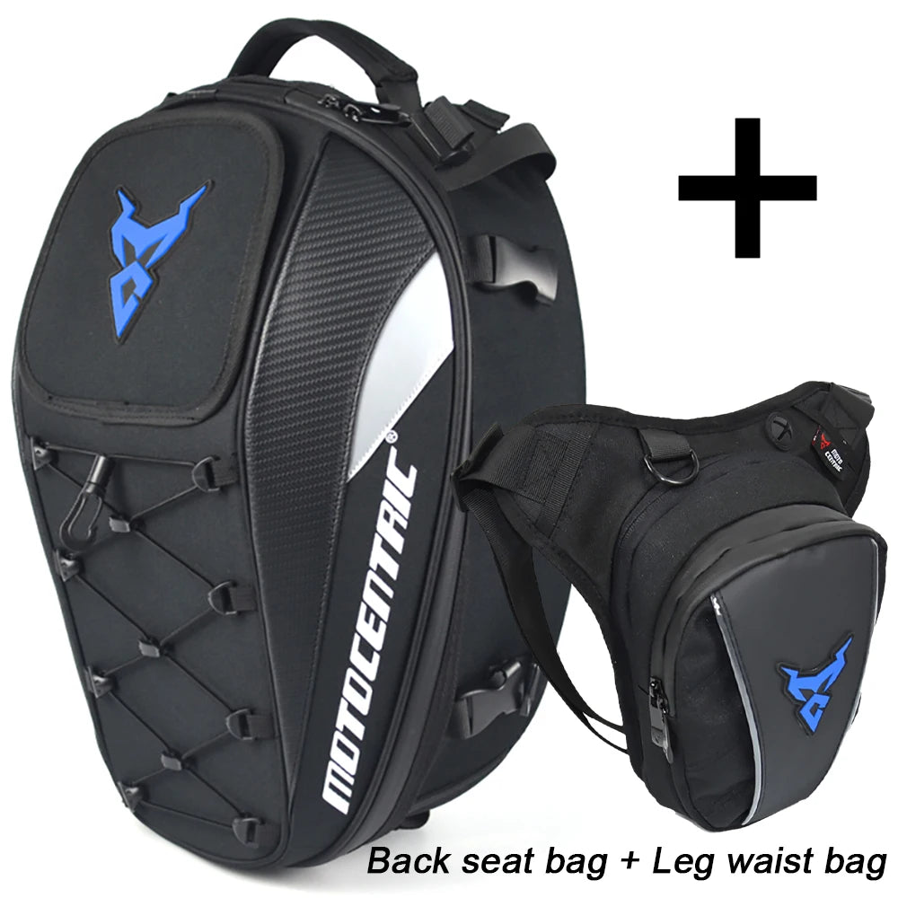 Motocentric motorcycle tail bag and leg waist bag combo set blue