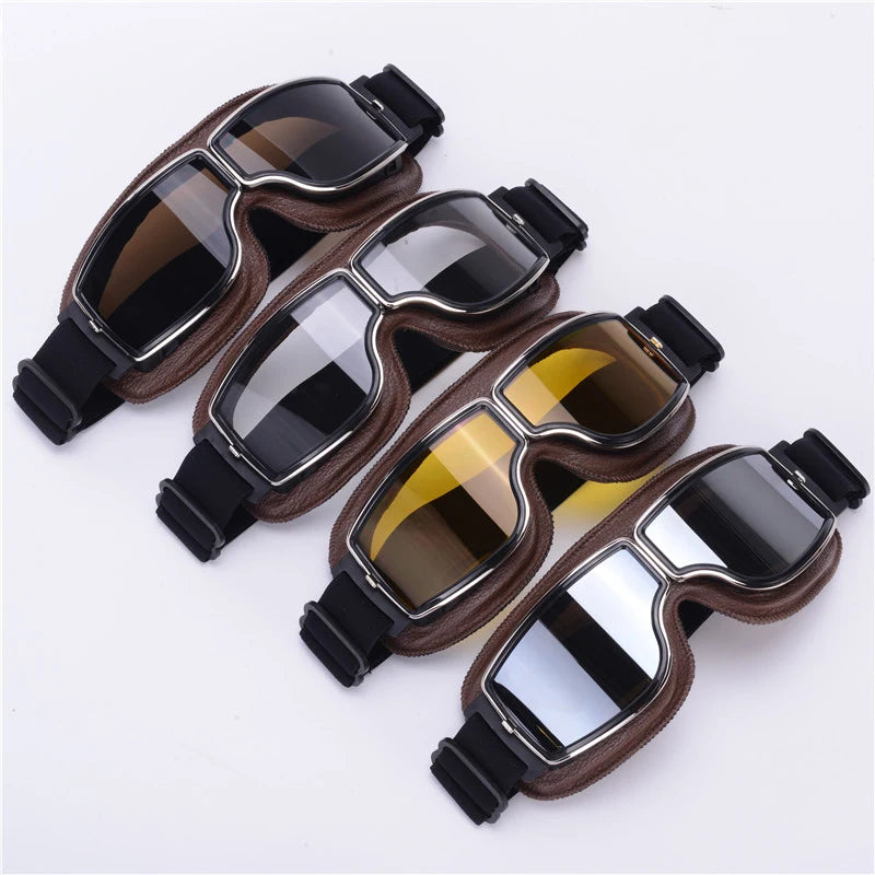 Retro motorcycle goggles brown frame with smoke yellow and mirror lens options