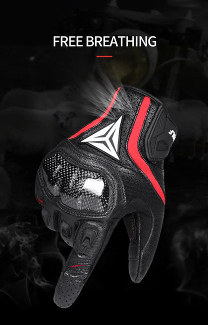Motorcycle gloves free breathing perforated leather ventilated black red