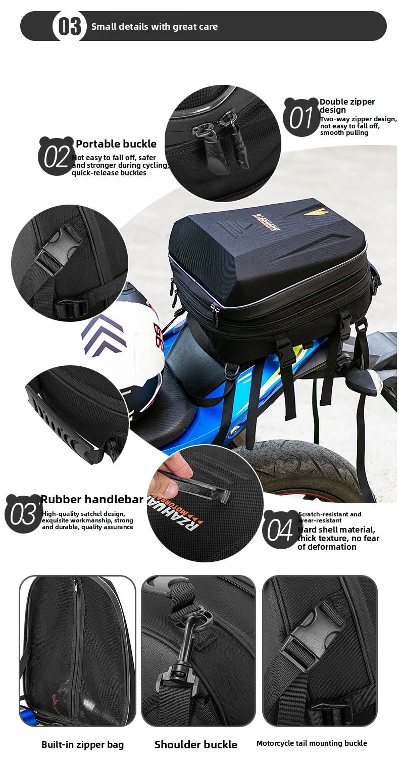 Motorcycle tail bag detail double zipper portable buckle hard shell and mounting system