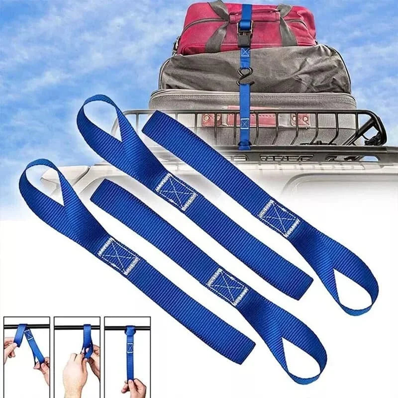 Soft loop tie down straps securing cargo on roof rack