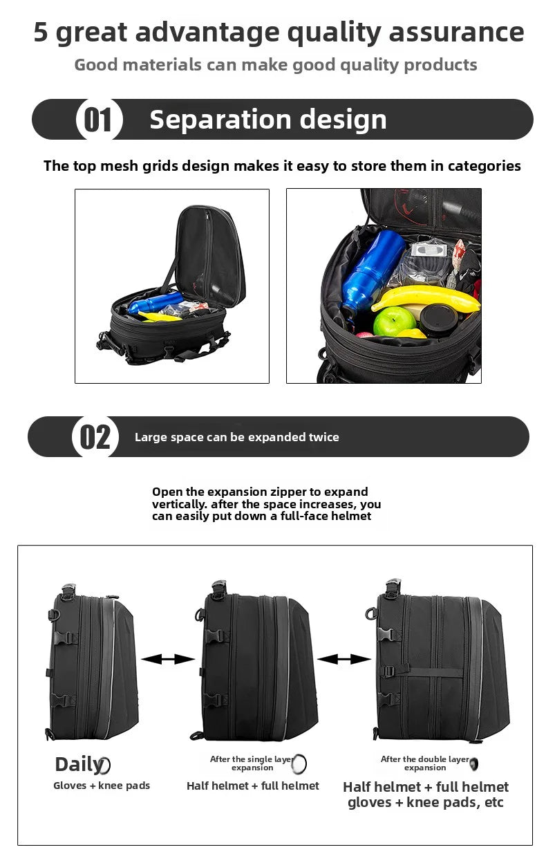 Motorcycle tail bag separation design and double expansion for full helmet storage