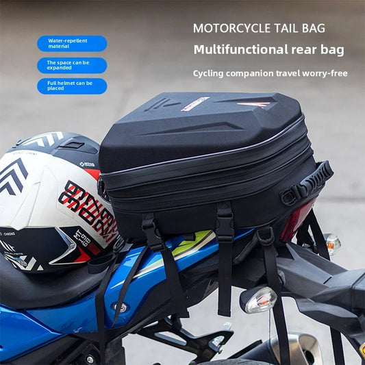 Motorcycle tail bag mounted on sport bike with helmet storage