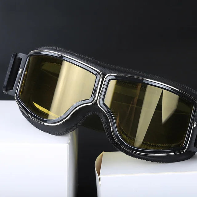 Retro motorcycle goggles black frame with yellow lens