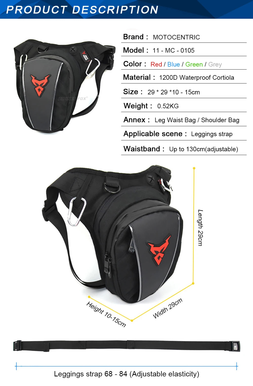 Motocentric leg bag dimensions and adjustable leggings strap specs