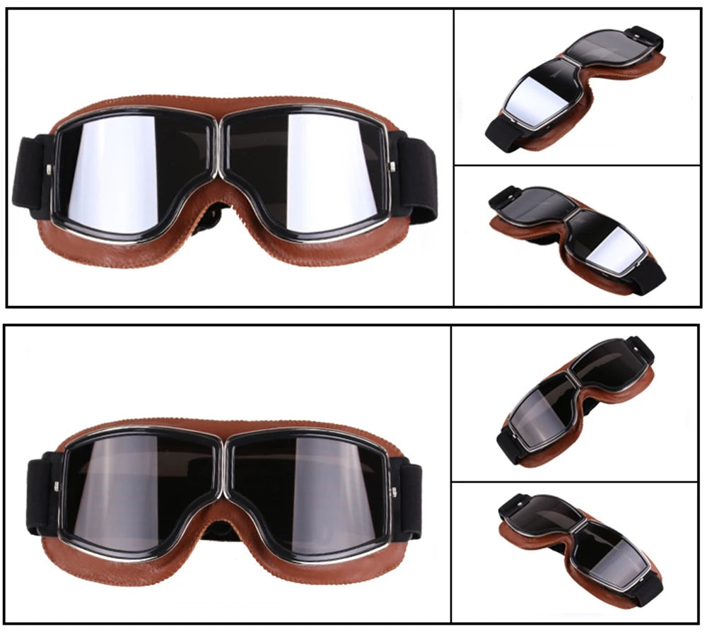 Retro motorcycle goggles brown frame with silver mirror lens multiple angles