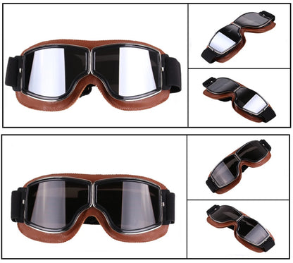 Retro motorcycle goggles brown frame with silver mirror lens multiple angles