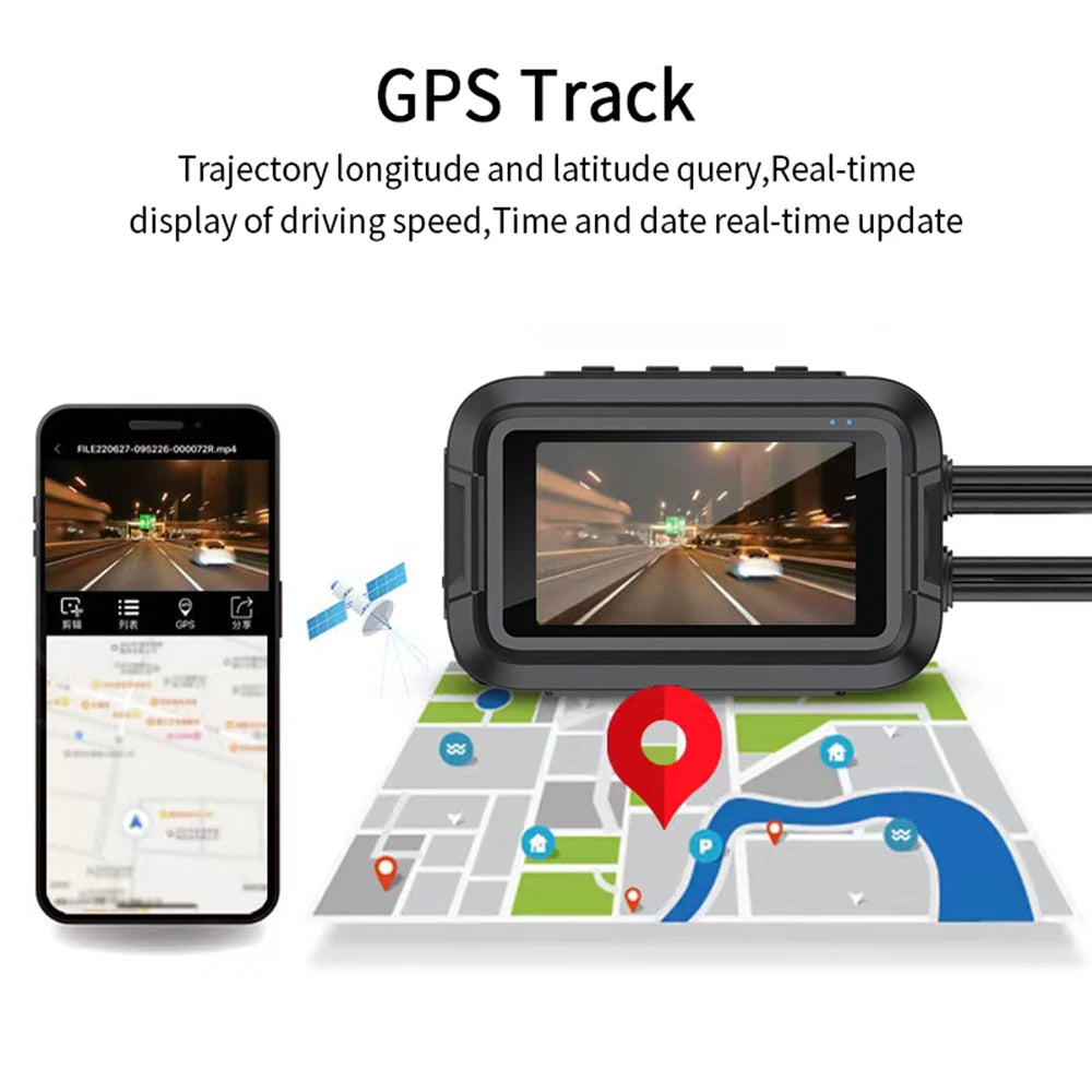 Motorcycle dash cam GPS tracking with real-time speed and route display