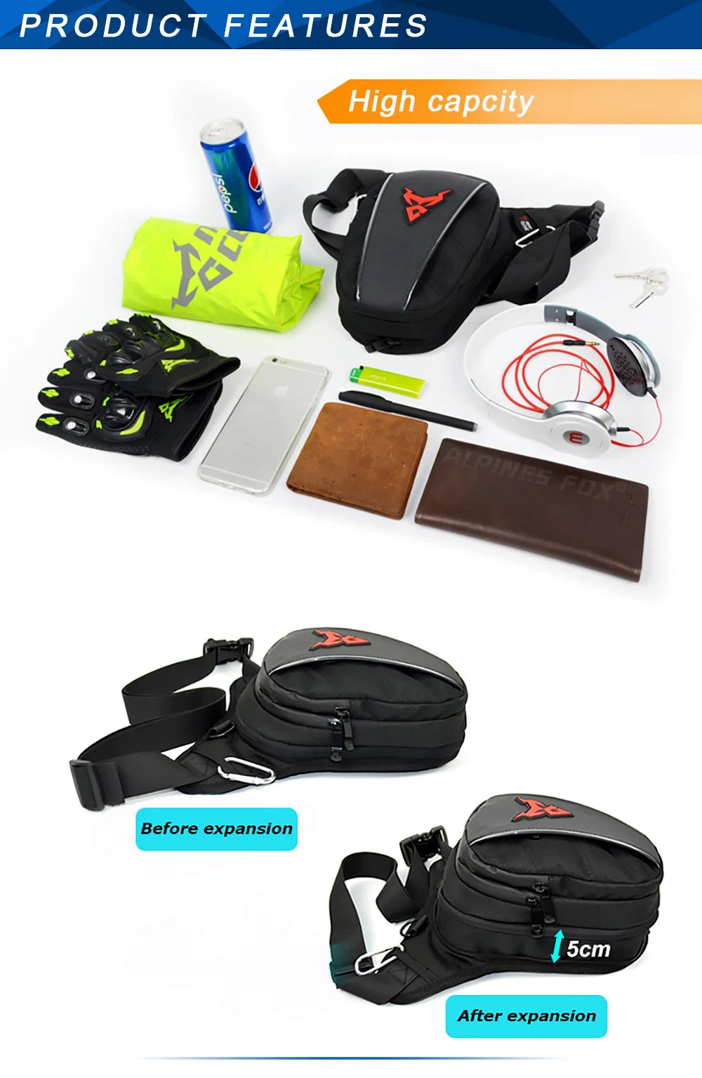 Motocentric leg bag expandable capacity with everyday motorcycle essentials