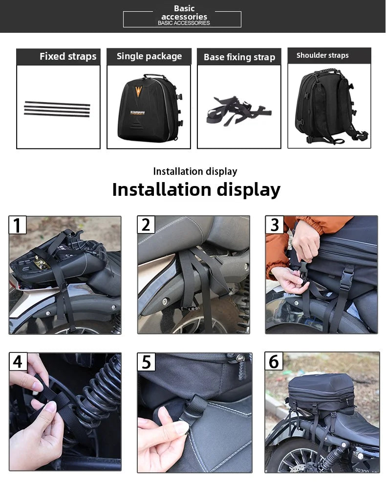 Motorcycle tail bag installation guide with straps and 6 step mounting display
