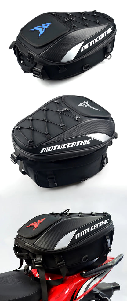 Motocentric motorcycle tail bag blue gray and red color options on bike