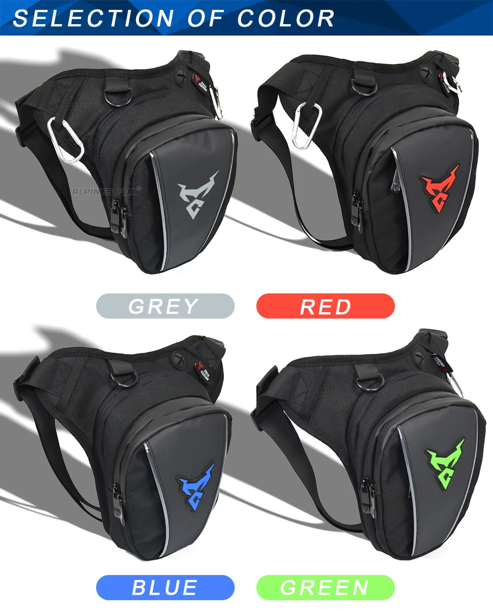 Motocentric leg bag available in grey, red, blue and green