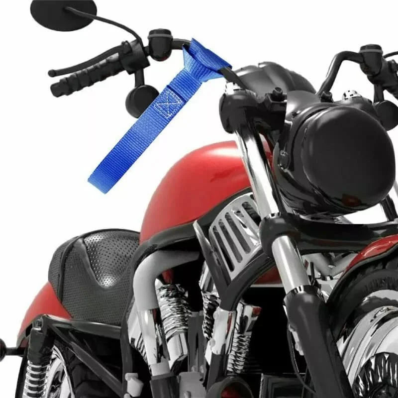Soft loop tie down strap attached to motorcycle handlebar