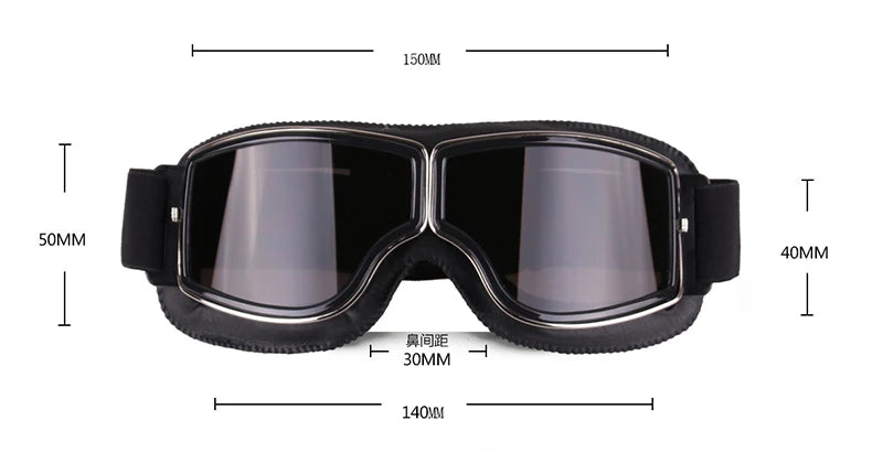 Retro motorcycle goggles dimensions width 150mm height 50mm lens 80mm