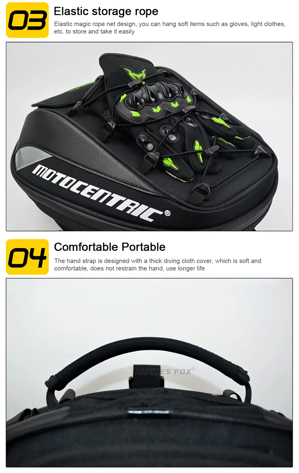Motocentric motorcycle tail bag elastic storage rope and comfortable handle details