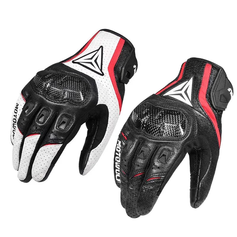 Motorcycle gloves carbon fiber knuckle protection black white red touchscreen