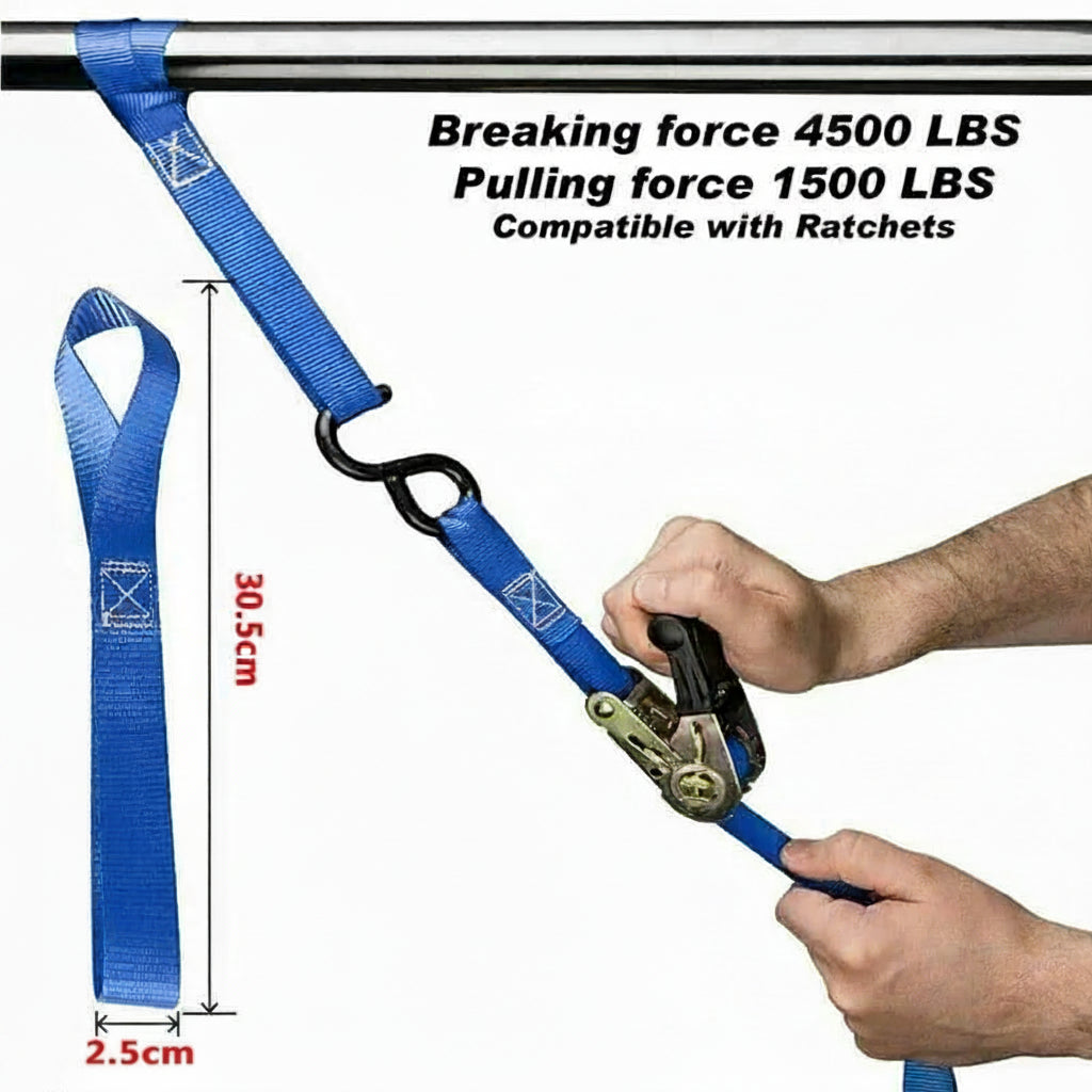 Soft loop tie down strap dimensions and 4500 lbs break strength specs