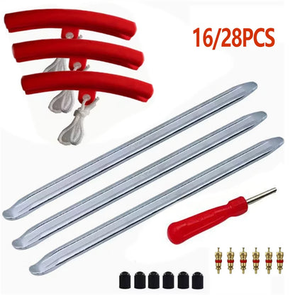 Motorcycle tire lever set with spoons valve stems and rim protectors