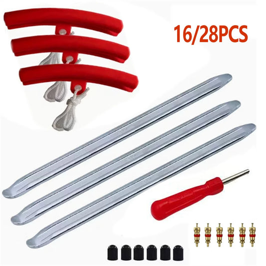 Motorcycle tire lever set with spoons valve stems and rim protectors