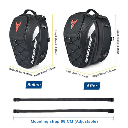 Motocentric motorcycle tail bag dimensions expandable with adjustable mounting strap