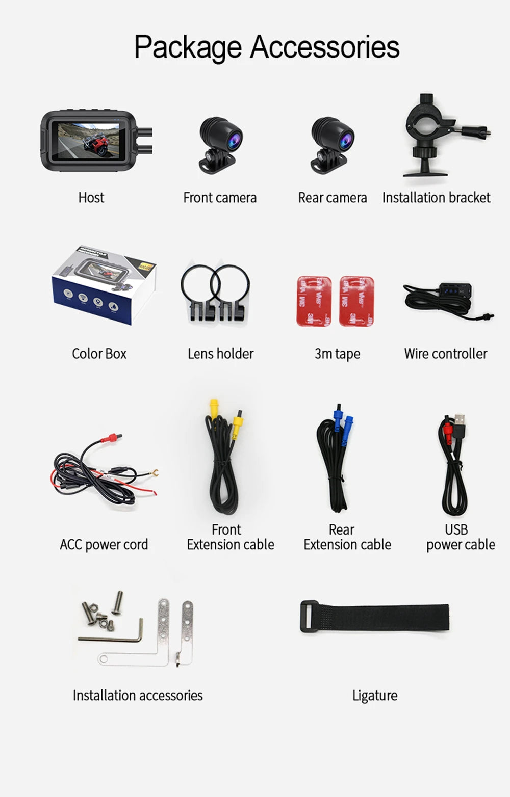 Motorcycle dash cam complete package with cameras brackets cables and accessories