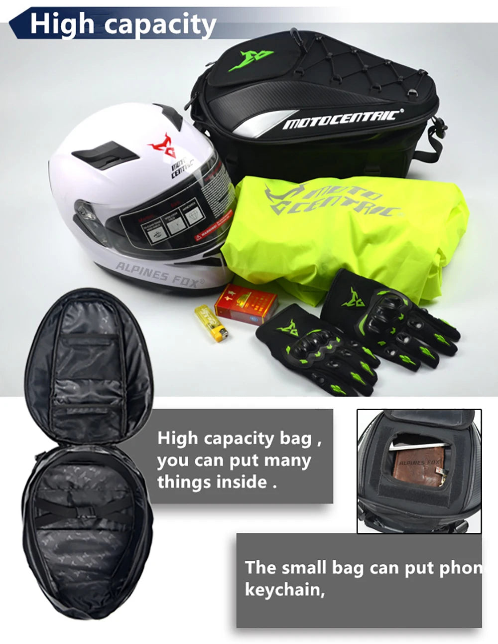 Motocentric motorcycle tail bag high capacity fits helmet gloves and gear
