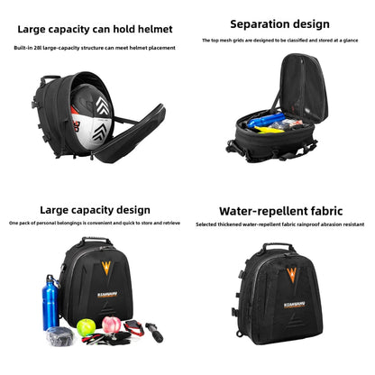 Motorcycle tail bag features helmet storage separation design waterproof fabric