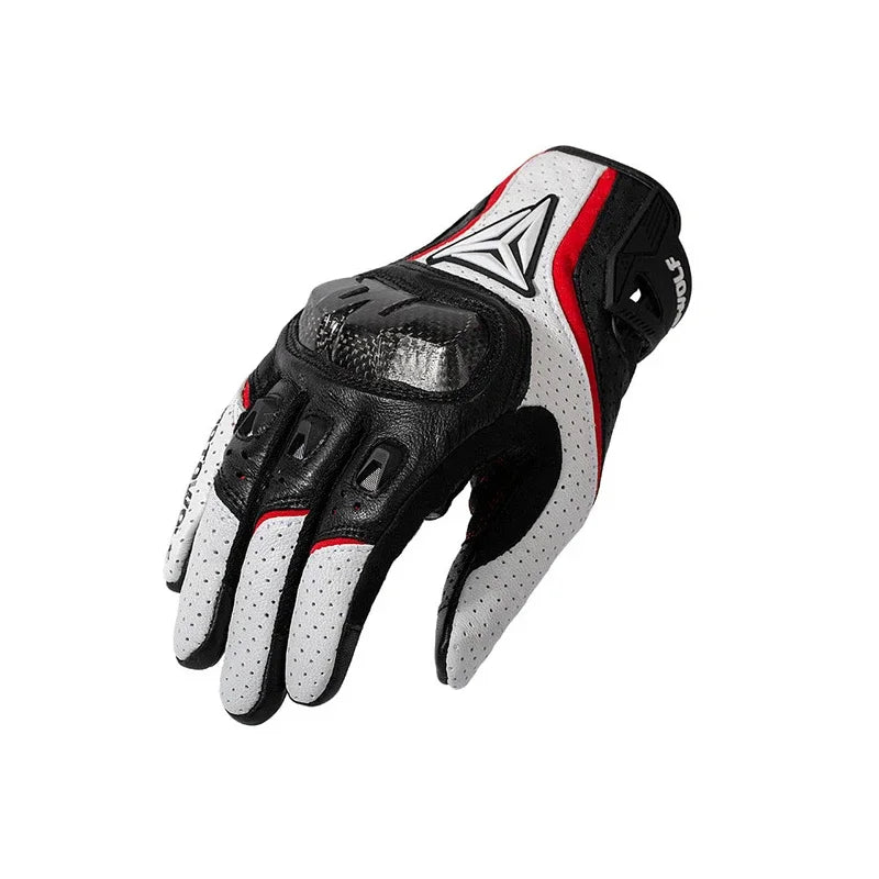 Motorcycle gloves white black red carbon knuckle variant front view