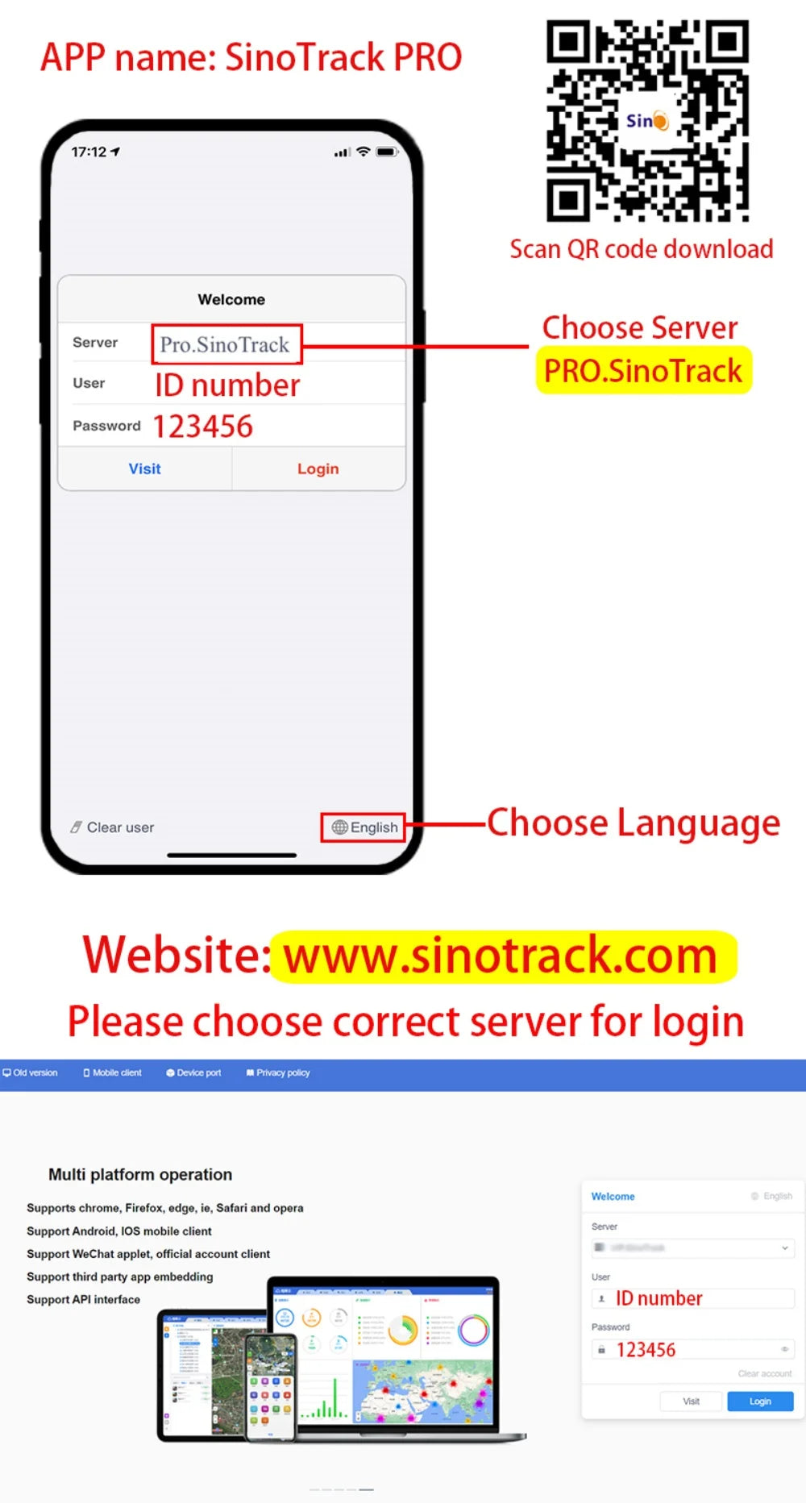 SinoTrack PRO app setup and login guide